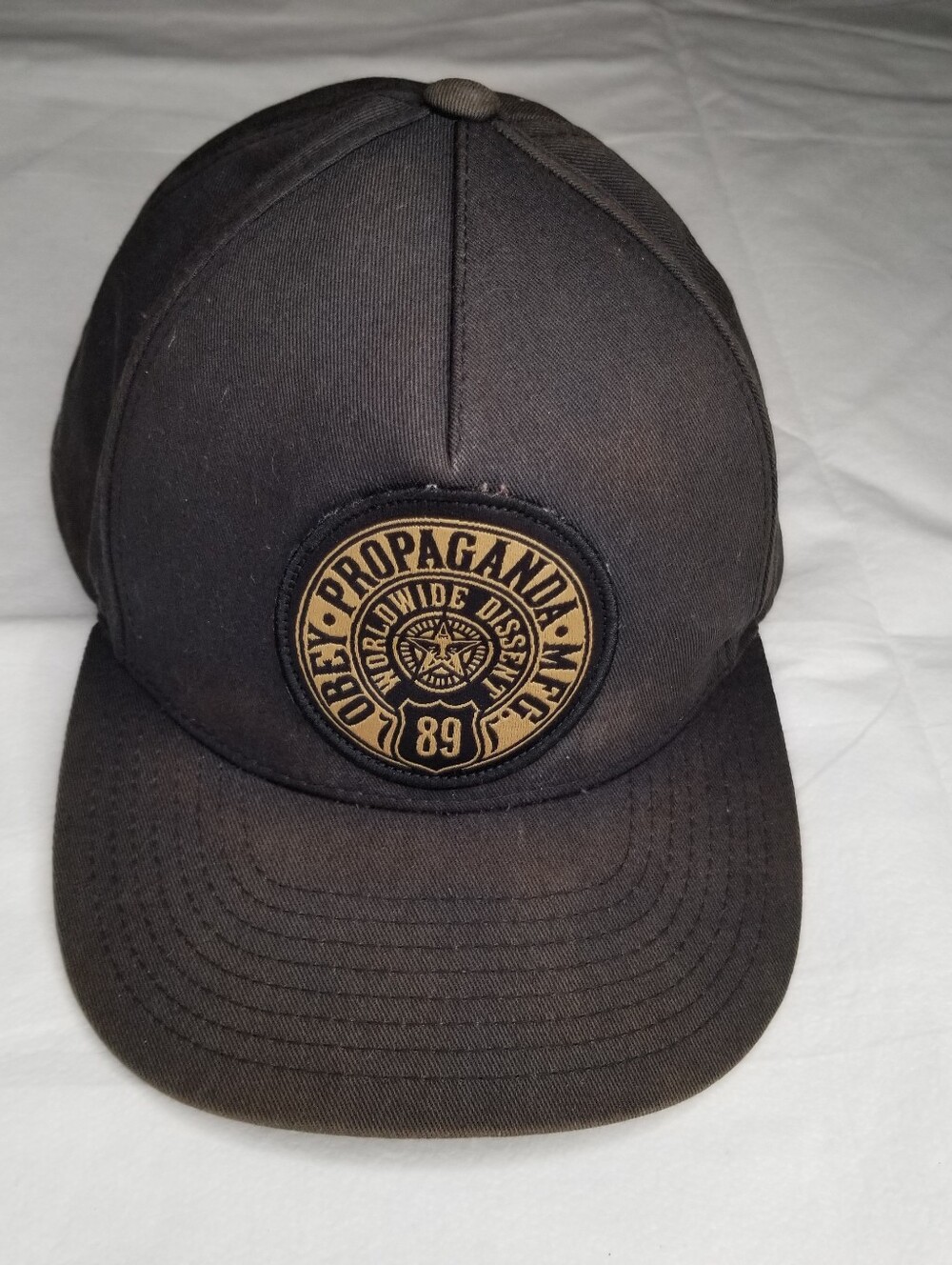 Obey Propaganda Mfg 89 Snap Back Baseball Hat Cap Faded Black Distressed Street